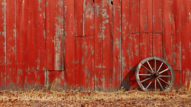 Weathered red barn wall with an old wooden wagon wheel. Concept of rural life, agriculture, and rustic charm