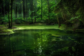 Fototapeta premium A hidden pond deep within a mystical forest, its emerald waters teeming with life and mystery, Generative AI