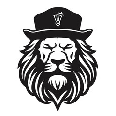 lion wearing a  hat, vintage logo line art concept black and white color, hand drawn illustration