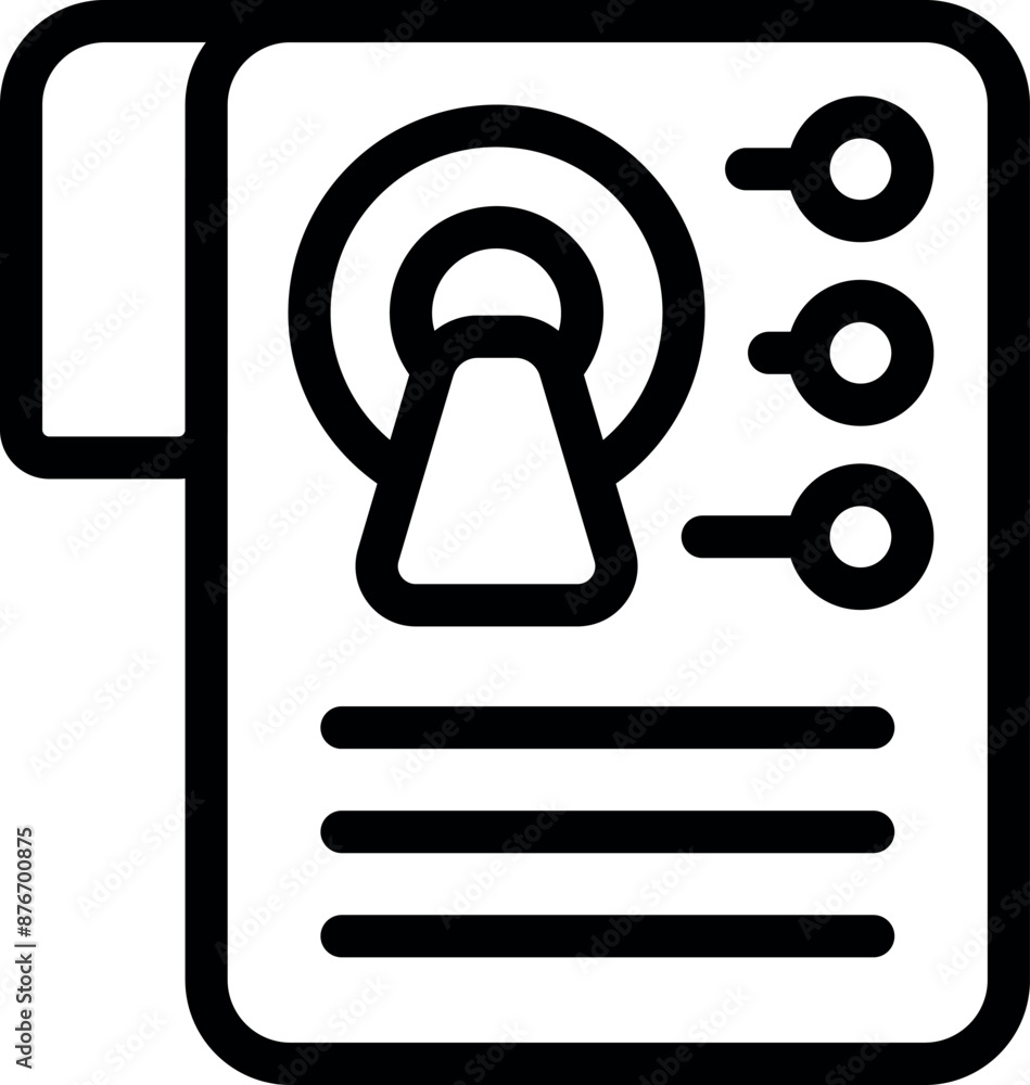 Poster line icon of a document with an analytics chart and settings buttons, representing data analysis and