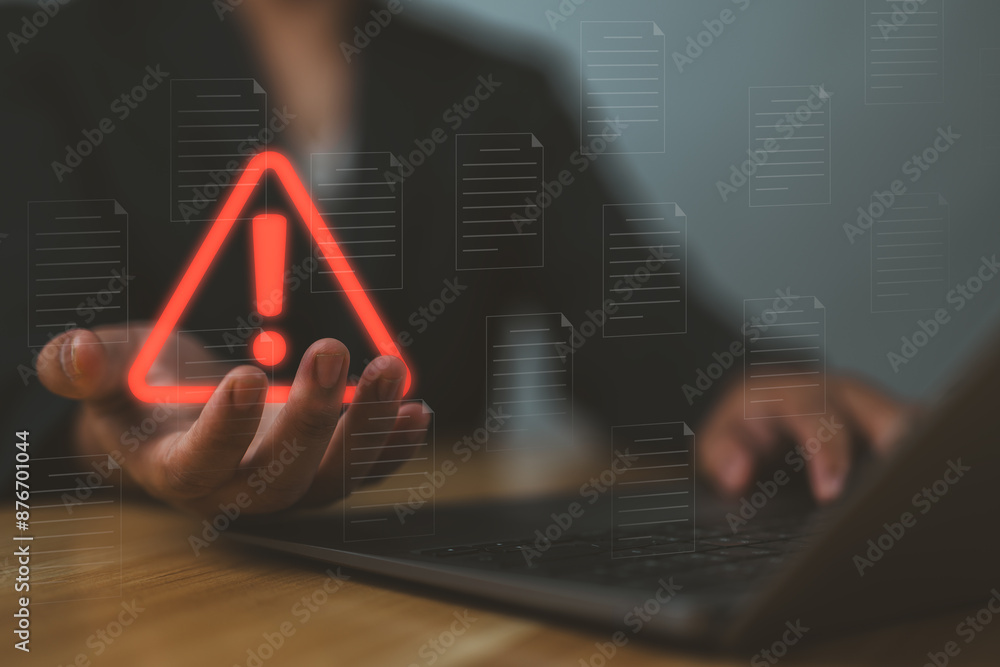 Poster internet network security concept, man working on computer with triangle warning sign developer with triangle caution warning sign for notification error and maintenance, e-document data protection