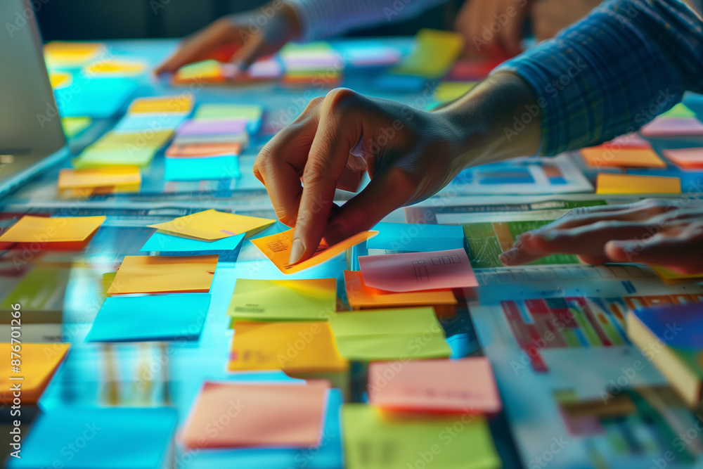 Poster person is writing on a table with colorful sticky notes. the table is covered with various colored s