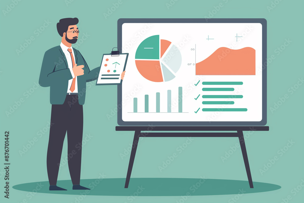 Poster man in a suit is standing in front of a white board with graphs and charts. he is pointing to the bo
