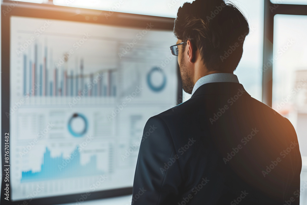 Poster man in a suit is looking at a large monitor displaying graphs. the graphs show data and trends, and 
