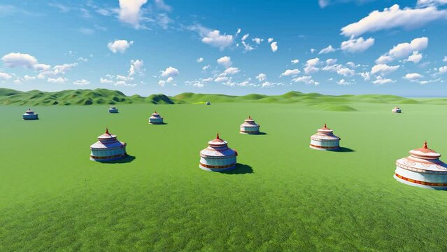 Mongolian yurts on the prairie of Inner Mongolia and blue sky and white clouds time-lapse