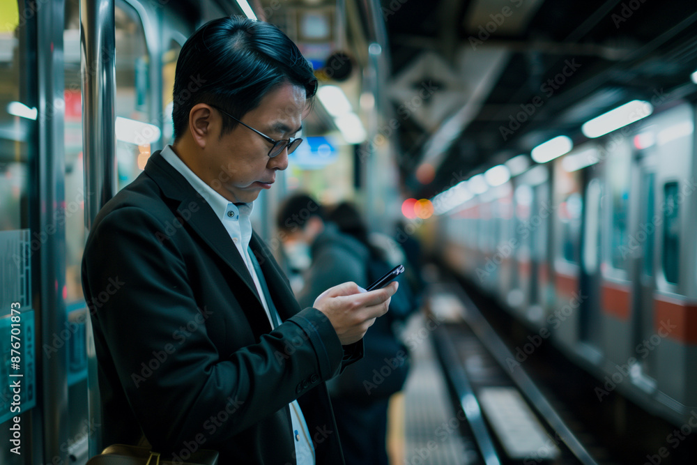 Aufkleber man in a suit is looking at his cell phone while standing on a subway platform. concept of modernity
