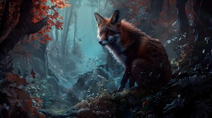 Mystical Red Fox Prowling Through Enchanted Autumn Forest Landscape