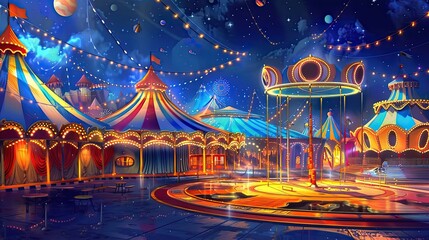 Night carnival scene with colorful tents, string lights, and various attractions. People walking, enjoying the festive atmosphere. Games, rides, food stalls are present. Generative by AI.
