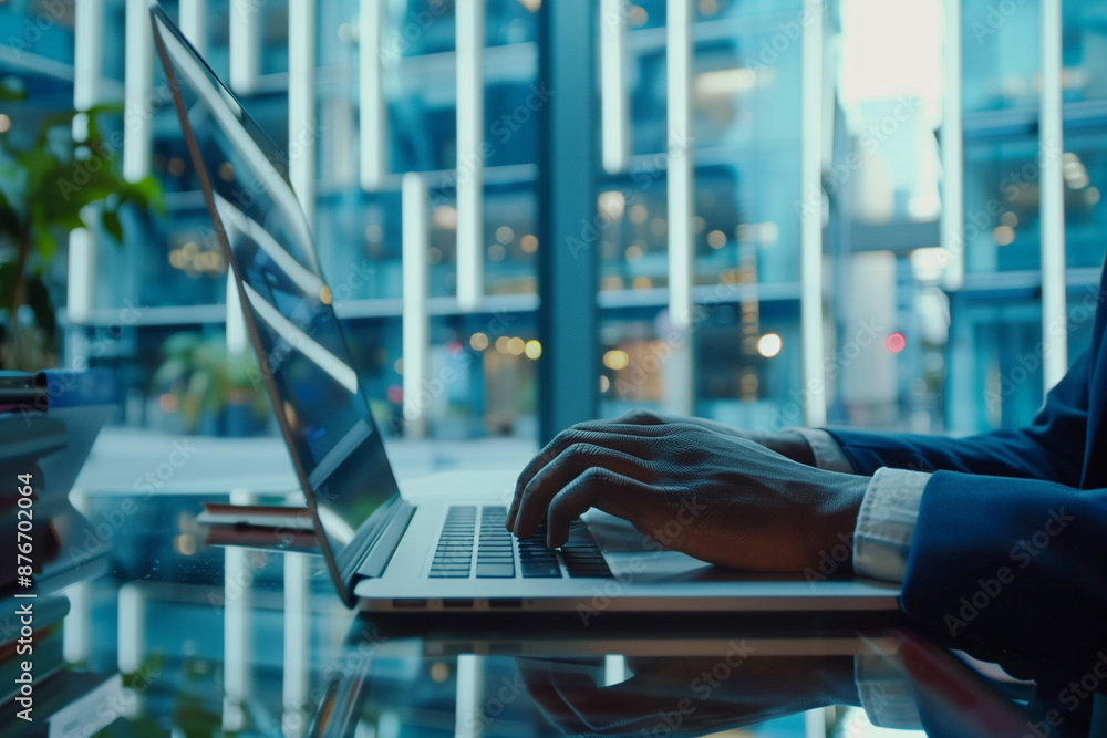 Poster man is typing on a laptop in front of a window with a city view. concept of productivity and focus a