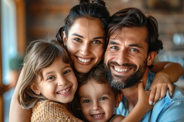 Fototapeta premium Happy family of four embracing and smiling together indoors, showcasing love and joy in a warm, cozy setting.