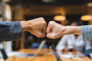 Two people are fist bumping each other in a conference room. The room is filled with people and there are several laptops and a cup on the table. Scene is positive and friendly