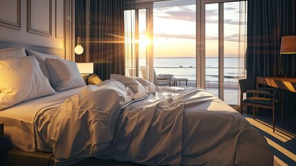 Beachfront bedroom with a stunning ocean view. Large windows, modern decor, comfortable bed, luxury, relaxation, vacation. Generative by AI.