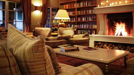 Luxurious living room with modern furniture and a fireplace. Shelves with decor, cozy, warm lighting, stylish interior, comfort. Generative by AI.