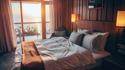 Obraz premium Beachfront bedroom with a stunning ocean view. Large windows, modern decor, comfortable bed, luxury, relaxation, vacation. Generative by AI.