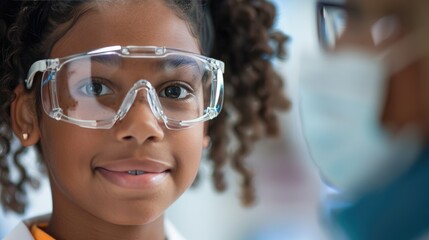 Smiling young girl wearing safety goggles in a laboratory setting, promoting science education and experimentation.