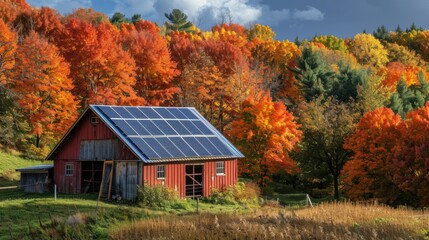 Obraz premium Rustic red barn with solar panels amidst vibrant autumn foliage. Concept of renewable energy and sustainable agriculture.
