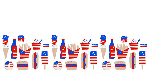 Border pattern of American fast food items like fries, burgers, soda, and ice cream in patriotic colors on white