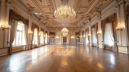Elegant banquet hall with luxurious decor, chandeliers, and round tables set for a formal event or wedding reception.