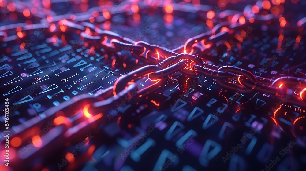 Poster a close-up image of a futuristic circuit board with glowing red and blue neon lights. the image is a