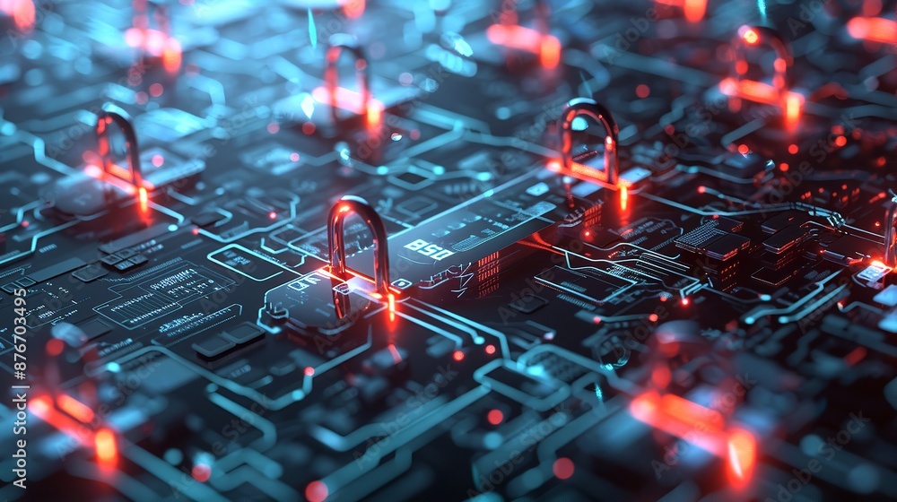 Aufkleber a close-up image of a futuristic circuit board with glowing red and blue neon lights. the image is a