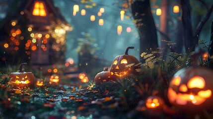 Spooky Autumn Forest with Carved Glowing Pumpkins and Mysterious Lighting in the Night