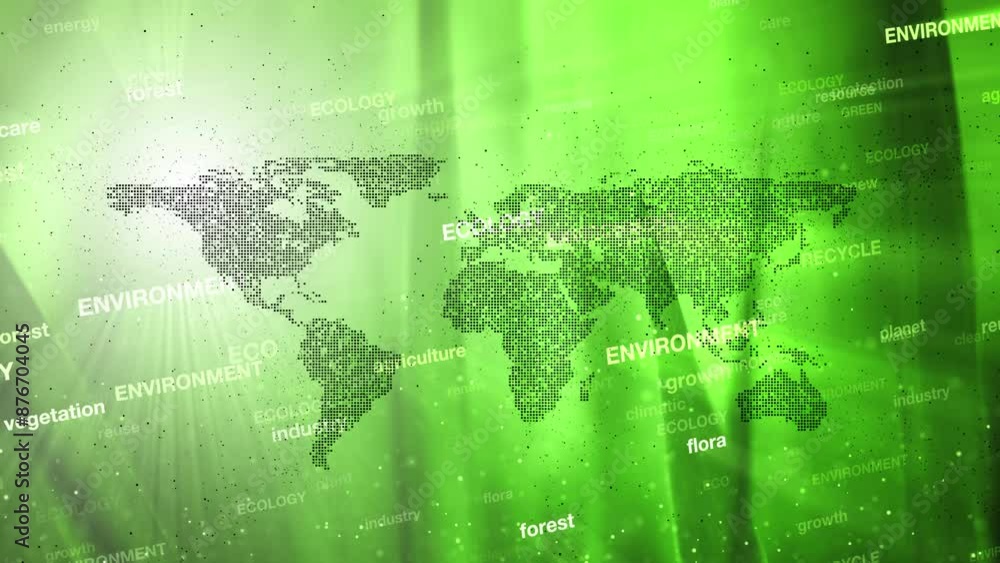 Poster ecology and environment word cloud with world map animation.