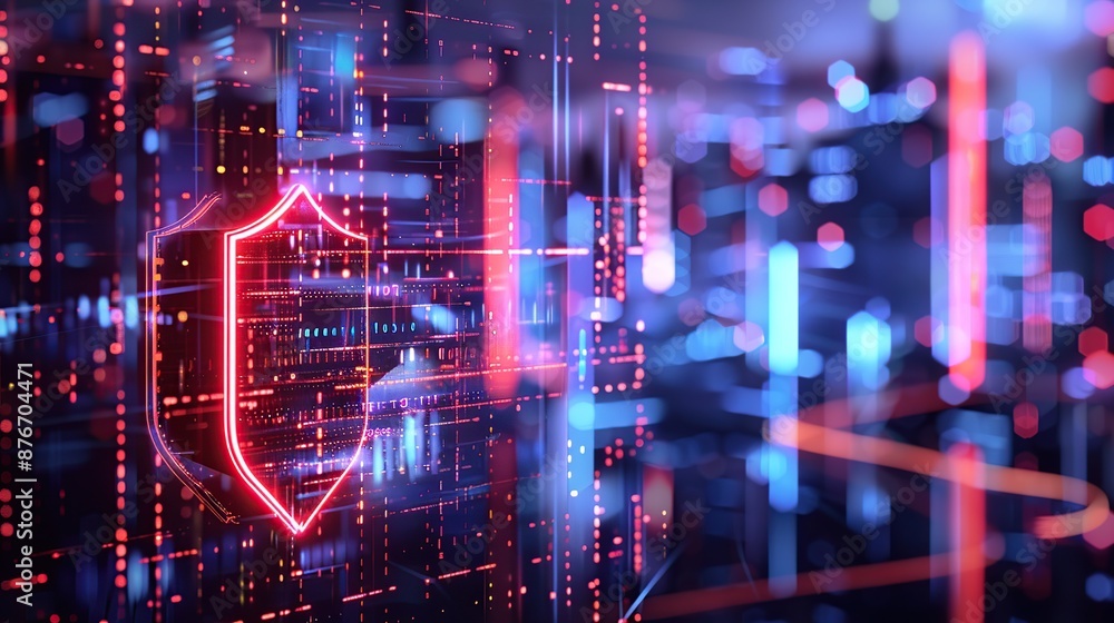 Poster Glowing red shield icon over abstract blue and red circuit board background
