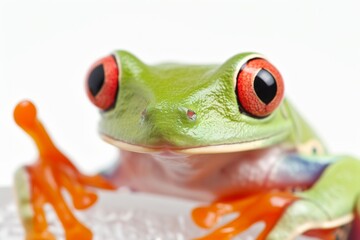 Fototapeta premium Close-up of a Red-Eyed Tree Frog with Vibrant Colors and Detailed Skin Texture, Isolated on White Background
