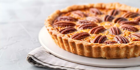 Pecan Custard Tart with Shortbread Crust. Concept Dessert Recipe, Pecan Tart, Custard Filling, Shortbread Crust, Baking Instructions