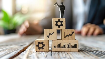 Corporate Success and Growth Concept with Wooden Blocks, Gears, Businesswoman, and Graph in Minimalist Style