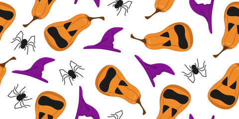 Vector image of a Halloween pumpkin. Seamless horizontal pumpkin pattern with carved scary faces, hat and spiders. Image for textiles, packaging and wallpaper. Festive background for Halloween.