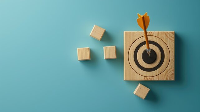 Precision in Business Strategy - Wooden Blocks Target Arrow Symbol, High-Quality Digital Artwork on Light Blue Background