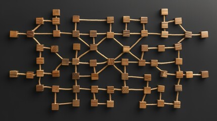 Business Connectivity and Growth Strategy Concept with Wooden Blocks Network Graph on Black Background - Sleek Detailed Flat Lay Design