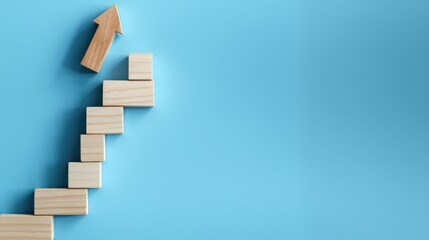 Business Growth Concept with Wooden Blocks Growth Chart and Upward Arrow on Blue Background - High-Quality Digital Artwork