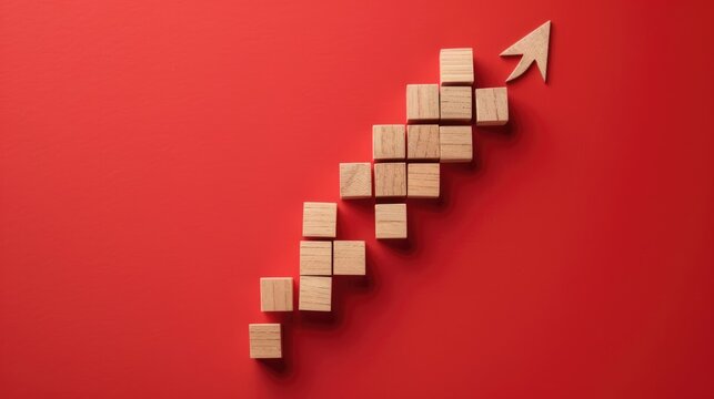 Minimalist Economic Downturn Illustration with Wooden Blocks and Declining Graph on Red Background