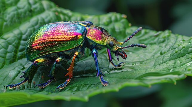 A page in a coloring book showing a beetle with shiny, iridescent colors, crawling on a leaf in a garden.
