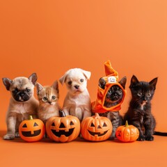Obraz premium A group of cats and dogs are dressed up in Halloween costumes