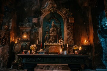A mystical altar adorned with intricate carvings and lit by flickering candlelight in a dimly lit chamber, Generative AI