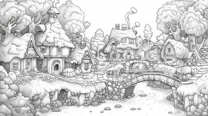 Fototapeta premium A whimsical coloring scene of a fairy village, with tiny houses and bridges, and fairies going about their daily lives.