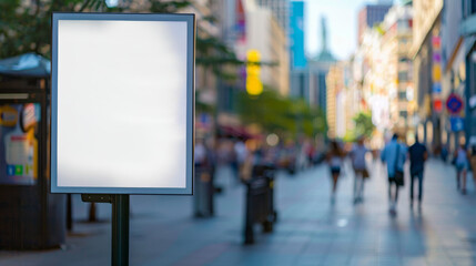 Billboard near the sidewalk in a city center. Blank, square-shaped billboard with focus on the foreground. Background is blurred.
