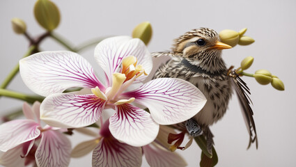 Obraz premium small bird with blue eyes, perched amongst a flowers.