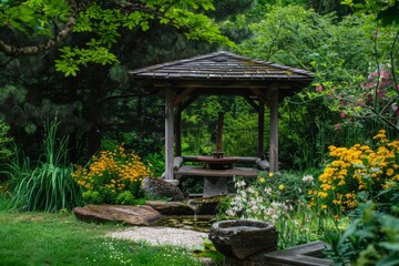 Naklejka premium A sacred altar set within a tranquil garden, with the fragrance of blooming flowers filling the air, Generative AI
