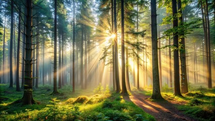 Fototapeta premium Misty forest with sunlight filtering through tall trees, foggy, morning, tranquil, nature, peaceful, woodland, serene, fog