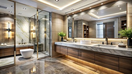 Modern bathroom interior with sleek fixtures and marble countertops, modern, bathroom, interior, sleek, fixtures, marble