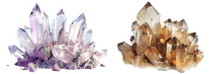 Amethyst and Citrine Crystal Clusters cut out transparent isolated on white background PNG