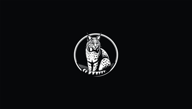 recommend clip art: Elegant Bobcat Sitting Logo Design - Wildcat in Circle, White Outline, Black Background, Majestic Wildlife