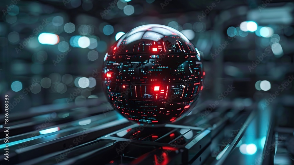 Aufkleber futuristic glowing red and blue orb with intricate circuitry displayed on a reflective surface in a 