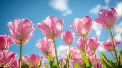 Lovely pink flowers bloom against a vibrant blue sky, creating a stunning spring backdrop.