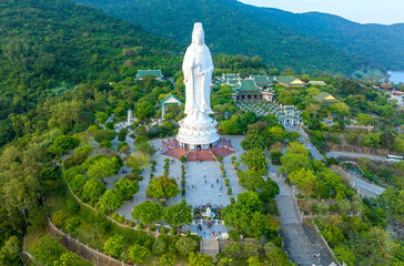 Aerial view of Ling Ung pagoda, Son Tra peninsula, Da Nang, Vietnam.