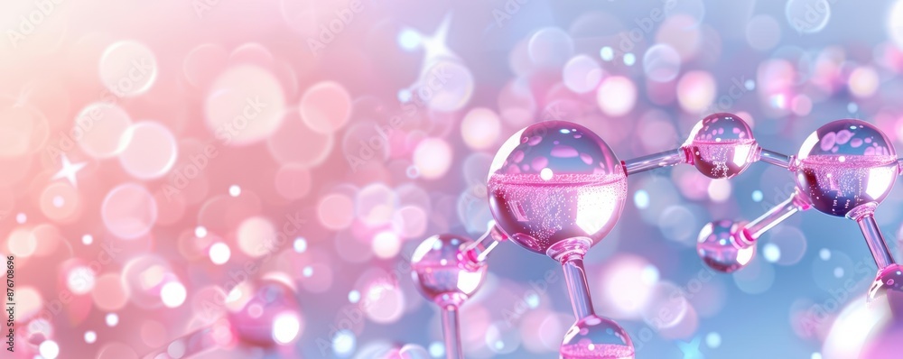 Poster abstract representation of molecular structure with glowing particles on a purple background, symbol